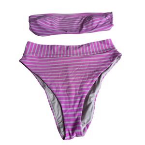 Aerie Pink Gray Stripe Ribbed Strapless Bikini Top High Waist Bottom Set XL TG